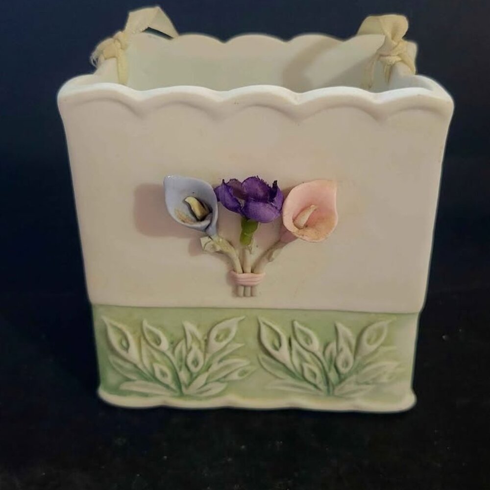 Vintage Porcelain Basket With Floral Embellishments And Decorative Ribbon
